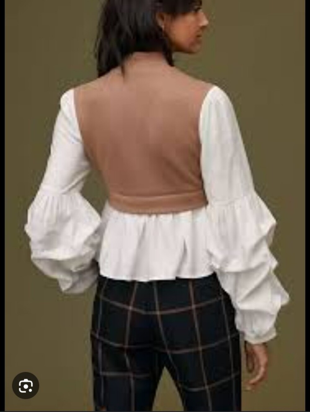 Anthropologie Mixed Media Mock Neck Ruffle Sleeve Peplum Top Tan Medium - Picture 4 of 10